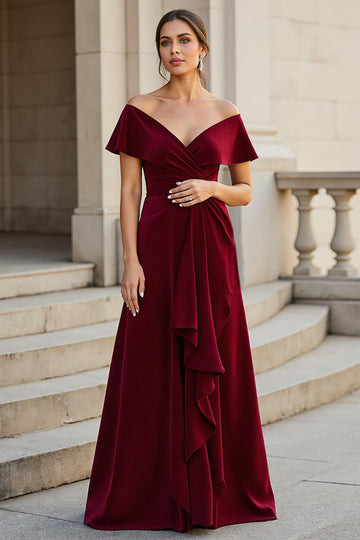 A-Line Burgundy Off The Shoulder Mother Of The Bride Dress